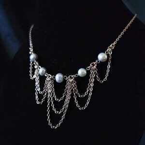 Vintage mermaid silver and blue pearls draped necklace with a small silver chain